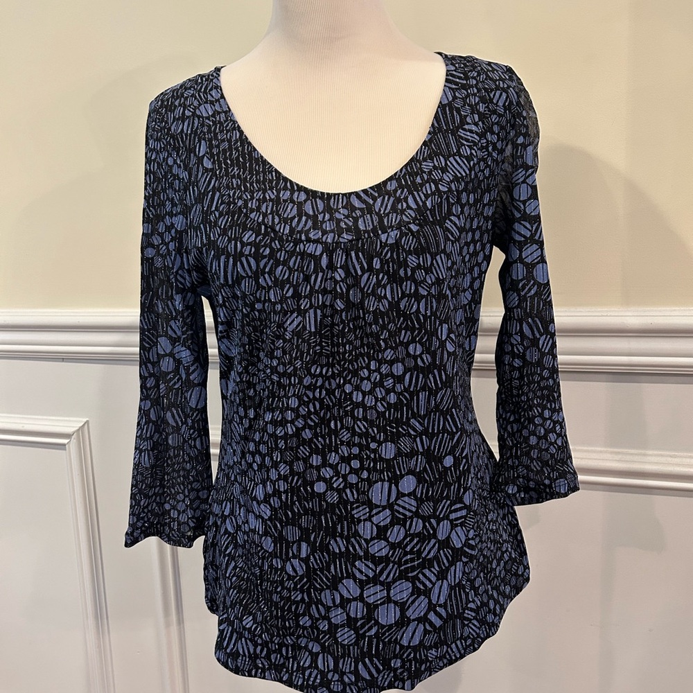 INC International Concepts Black and Blue Long Sleeve Top with Silver Threading